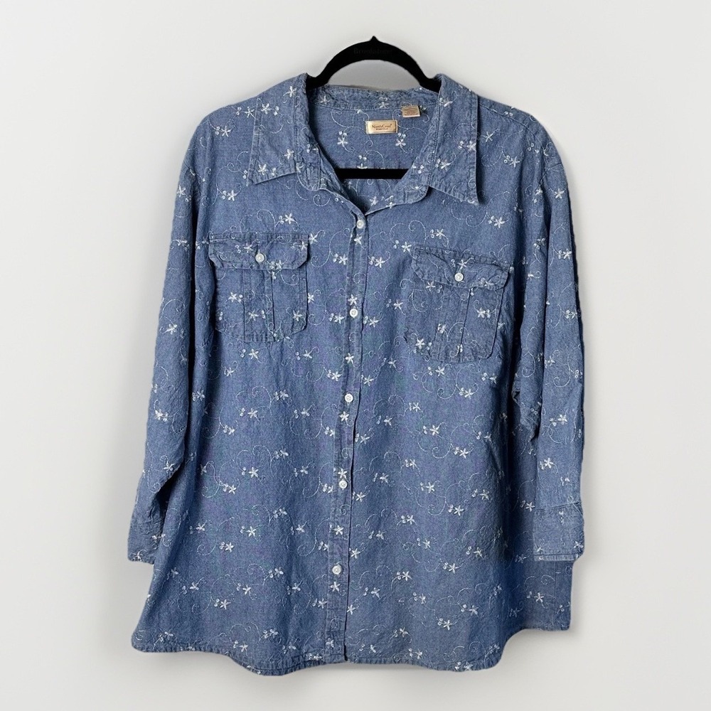 Vintage NorthCrest Denim Embroidered Floral Button Up Long Sleeve Top Women's 3X